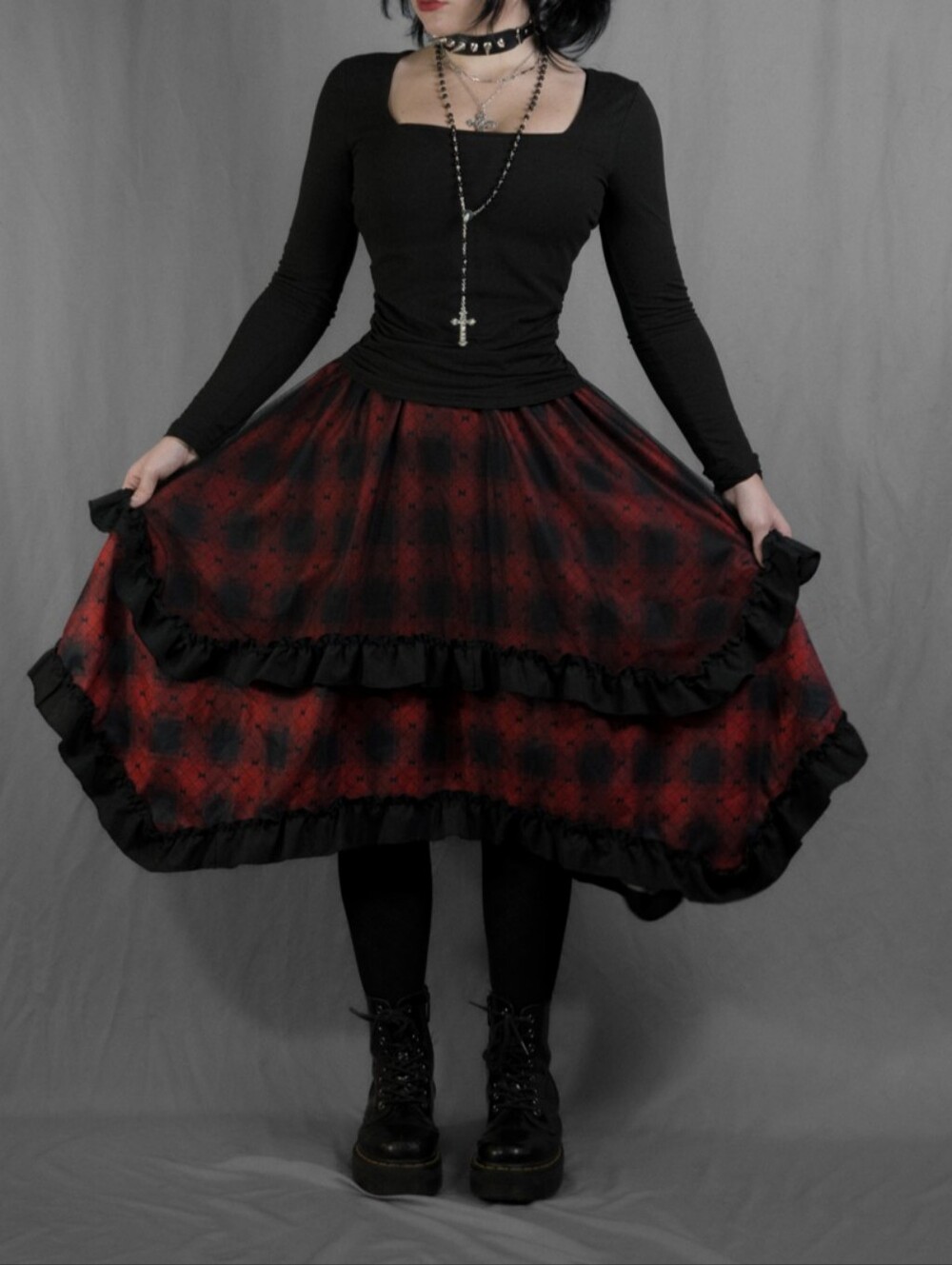 Red and Black Ruffle Mesh Midi Skirt - Women
